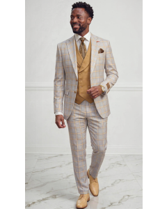 Camel Suit Suit Jacket with Peak Lapel Windowpane Plaid