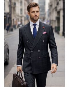 Statement Men's Outlet 2 Piece 100% Wool Modern Fit Double Breasted Suit - Fine Windowpane
