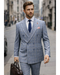 Statement Men's Outlet 2 Piece 100% Wool Modern Fit Double Breasted Suit - Fine Windowpane