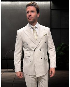 Statement Men's Outlet 2 Piece 100% Wool Double Breasted Suit - Pinstripe Pattern