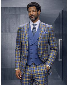 Indigo Blue Suits Windowpane Plaid Suit Solid Color Double Breasted Vest
