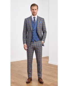 Indigo Blue Suits Windowpane Plaid Suit Solid Color Double Breasted Vest