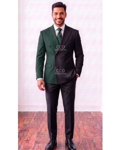 Black/Green Double Breasted Suit for Men with Peak Lapel