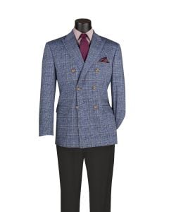 Blue Blazer Double Breasted Suit Jacket Peak Lapel Stretch Fabric Machine Washable