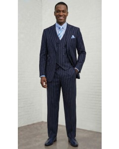 Navy Pinstripes Mens Suit Semi Wide Leg Pants