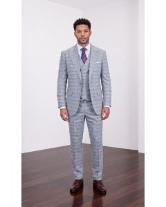 Statement Men's Outlet 3 Piece 100% Wool Wide Leg Suit- Windowpane Plaid