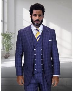 Navy Blue Suit 3 Piece Suits for Men Peak Lapel Double Breasted Vest 