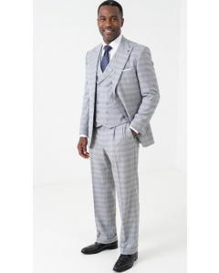 Statement Men's Outlet 3 Piece 100% Wool Wide Leg Suit- Windowpane Plaid