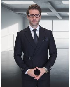 Statement Men's 2 Piece 100% Wool Modern Fit Double Breasted Suit - Metal Buckle