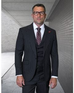 Statement Men's Outlet 100% Wool Pinstripe 3 Piece Suit - Peak Lapel
