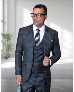 Statement Men's 100% Wool Pinstripe 3 Piece Suit - Peak Lapel