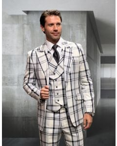 Statement Men's 3 Piece 100% Wool Plaid Fashion Suit - Cashmere Blend