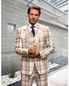 Statement Men's 3 Piece 100% Wool Plaid Fashion Suit - Cashmere Blend