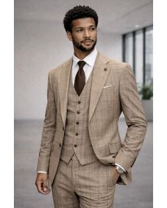 Statement Men's Outlet 3 Piece 100% Wool Modern Fit Suit - Textured Plaid