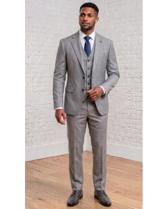 Statement Men's Outlet 3 Piece 100% Wool Modern Fit Suit - Textured Plaid