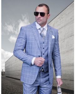 Statement Men's 3 Piece 100% Wool Fashion Suit - Light Windowpane