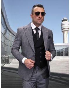 Statement Men's 3 Piece Modern Fit 100% Wool Suit - Simple Plaid