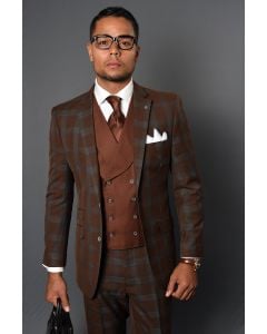 Statement Men's Outlet 3 Piece 100% Wool Fashion Suit - Classic Plaid Pattern