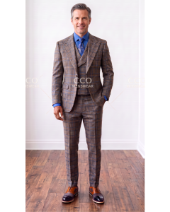 Brown Plaid Suit Mens Wool Suits Double Breasted Vest