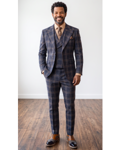 Navy Plaid Suit Mens Wool Suits Double Breasted Vest
