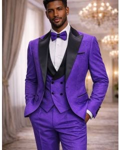 Purple Tuxedo Black Satin Peak Lapel 3 Piece Tuxedos for Men