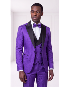 Purple Tuxedo Black Satin Peak Lapel 3 Piece Tuxedos for Men