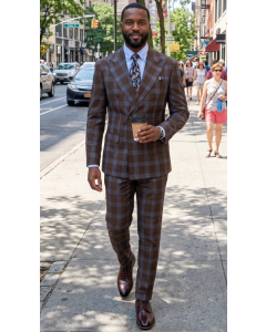 Statement Men's Outlet 2 Piece 100% Wool Double Breasted Plaid Suit - Modern Fit