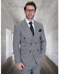 Statement Men's Outlet 2 Piece 100% Wool Double Breasted Suit - Houndstooth Pattern