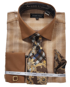 Avanti Uomo Men's Outlet French Cuff Shirt Set - Glen Check with Solid Collar