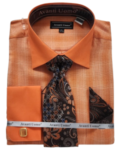 Avanti Uomo Men's French Cuff Shirt Set - Glen Check with Solid Collar