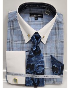 Avanti Uomo Men's Outlet French Cuff Collar Bar Dress Shirt Set - Layered Windowpane