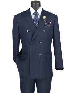 Men's Dress Suit Double Breasted 6 Buttons Classic Fit Blue Glen Plaid DRW-1 