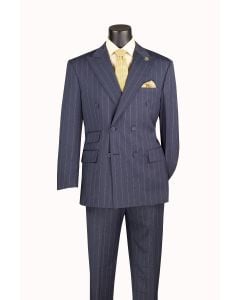 Denim Blue Double Breasted Suit Gangster Stipe Suit Peak Lapel