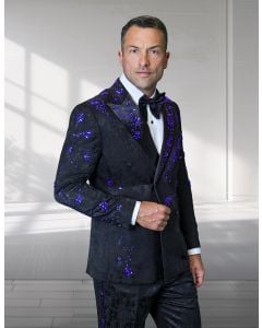 Statement Men's 2 Piece Modern Fit Double Breasted Tuxedo - Floral Rhinestone Design