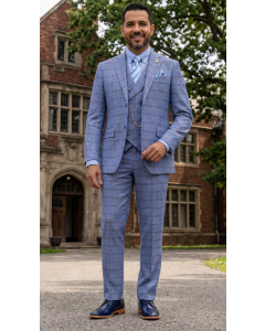 CCO Men's Outlet 3 Piece Windowpane Suit - Adjustable Waistband