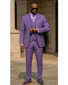 CCO Men's Outlet 3 Piece Windowpane Suit - Adjustable Waistband