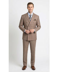 Tan Double Breasted Suits for Men Plaid Fabric Cinchable Waistband