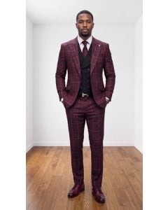 Burgundy Suit Three Piece Peak Lapel