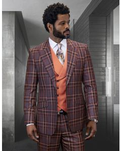 Statement Men's Outlet 100% Wool 3 Piece Suit - Plaid Color Contrast