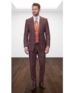 Statement Men's Outlet 100% Wool 3 Piece Suit - Plaid Color Contrast