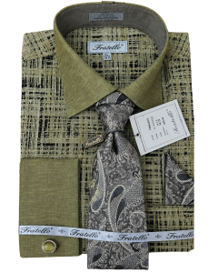 Fratello Men's Outlet French Cuff Dress Shirt Set - Tone on Tone