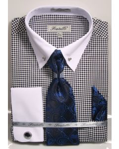 Fratello Men's 100% Cotton French Cuff Dress Shirt Set - Varied Patterns w/ Collar Bar