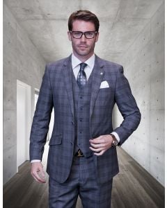 Statement Men's 3 Piece 100% Wool Fashion Suit - Dark Plaid