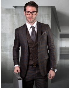 Statement Men's 3 Piece 100% Wool Suit - Textured Plaid