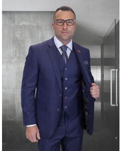 Statement Men's Outlet 3 Piece 100% Wool Fashion Suit - Herringbone Stripes