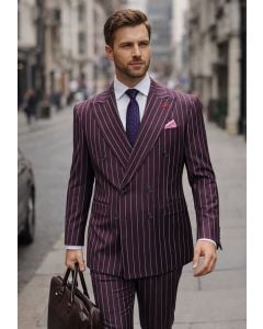 Statement Men's Outlet 2 Piece 100% Wool Modern Fit Pinstripe Suit - Double Breasted Jacket