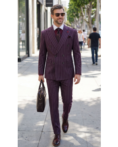 Statement Men's Outlet 2 Piece 100% Wool Modern Fit Pinstripe Suit - Double Breasted Jacket