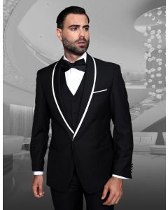 Statement Men's Outlet 3 Piece 100% Wool Tuxedo - Accented Shawl Collar