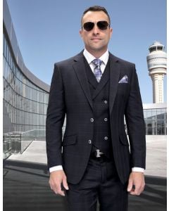 Statement Men's Outlet 3 Piece 100% Wool Fashion Suit - Layered Windowpane