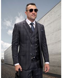 Statement Men's Outlet 3 Piece 100% Wool Fashion Suit - Layered Windowpane